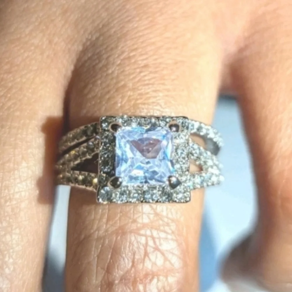Womens 5ct Princess Cut Lab Created Diamond Halo Trio Wedding Ring Sz 7.5